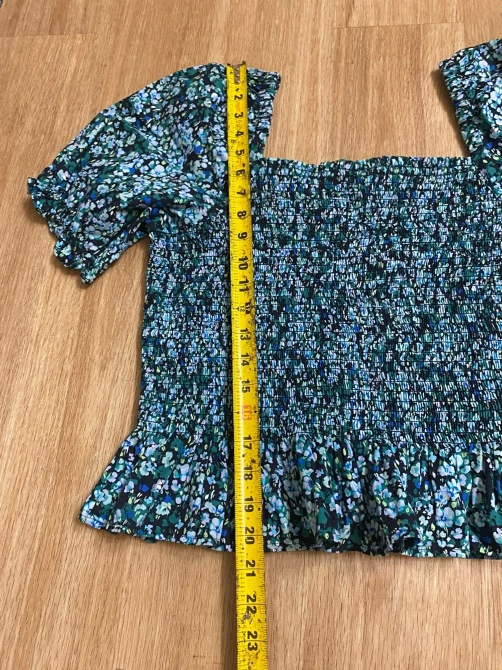 J. Crew Teal and Black Floral Smocked Peplum Blouse